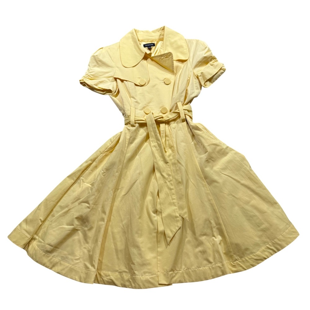 Vintage Bebe Yellow Long Trench‎ DressvBelted Fit Flare Quiet Luxury 60s Style 4